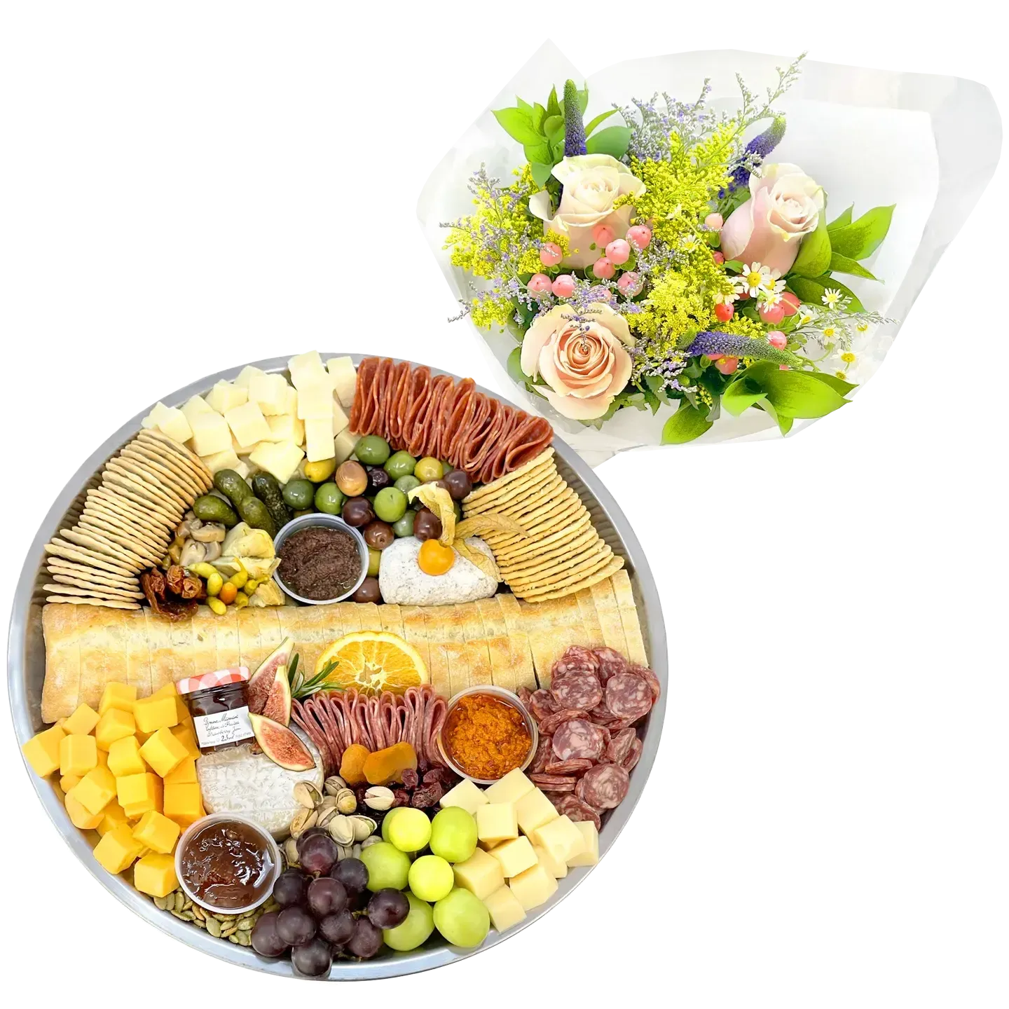 Flower and Charcuterie Tray Gift Pack-Food Gift Baskets-curedcatering-Fresh Cut Flowers-Cured Catering