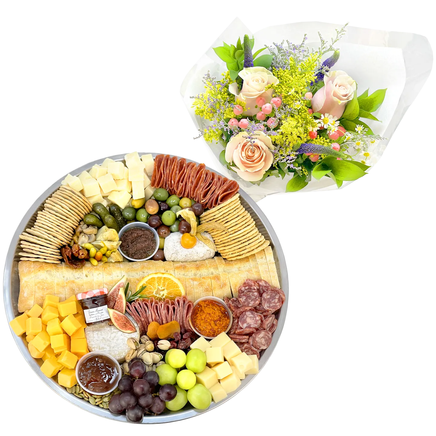 Flower and Charcuterie Tray Gift Pack-Food Gift Baskets-curedcatering-Fresh Cut Flowers-Cured Catering