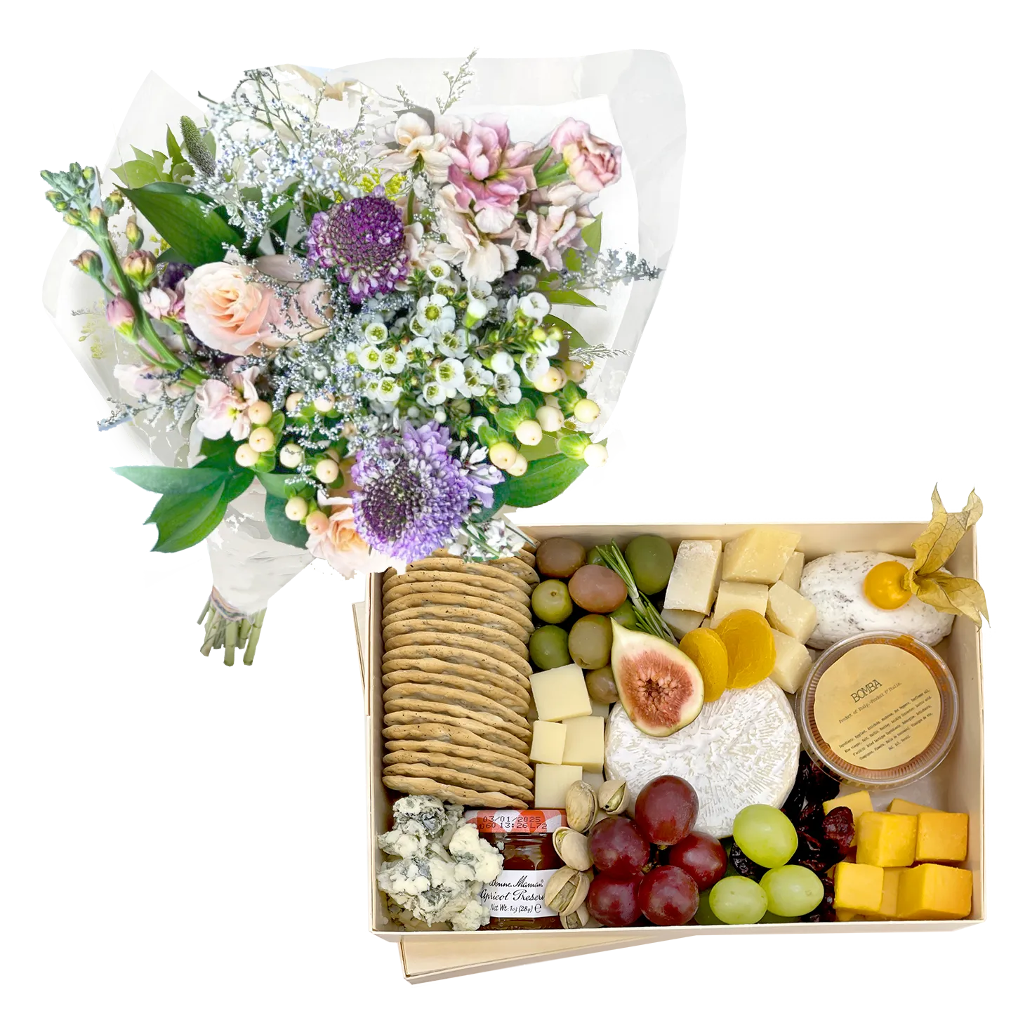 Flower and Cheese Box Gift Pack-Food Gift Baskets-curedcatering-Cured Catering